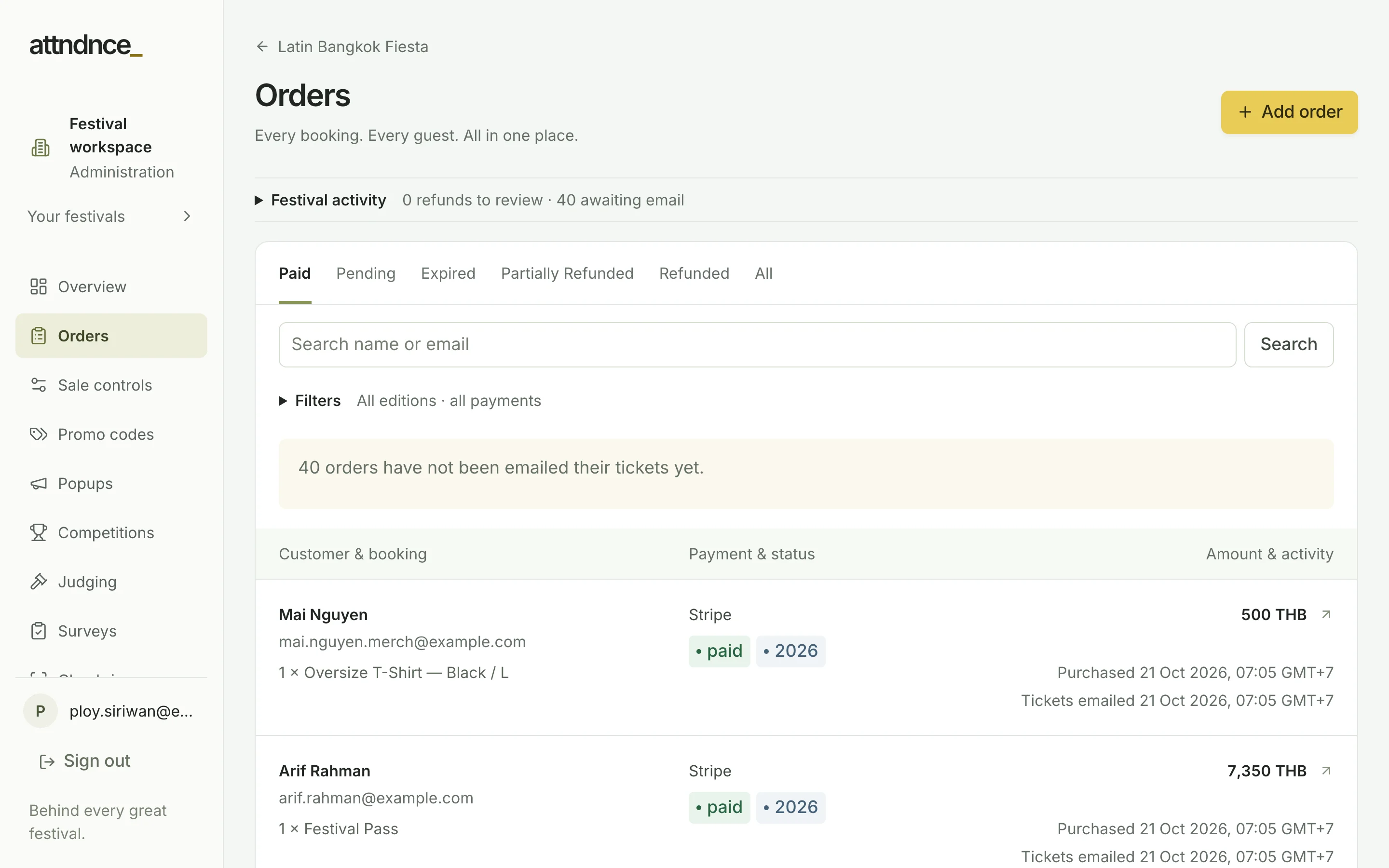 Attndnce order management showing payment status and guest bookings with demonstration data