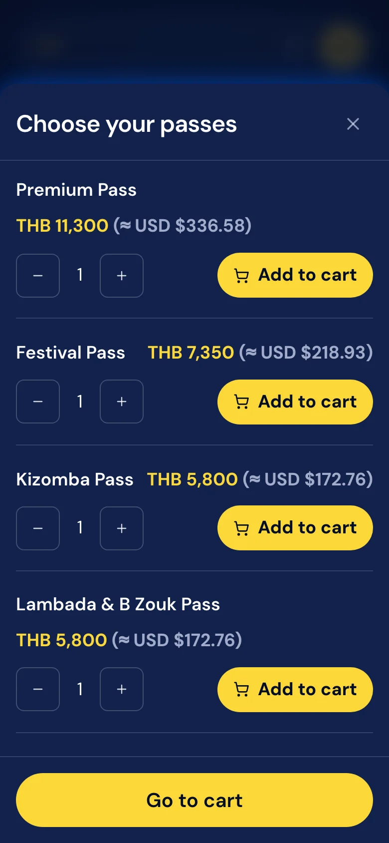 Latin Bangkok Fiesta pass selection, with different dance passes and add-to-cart controls